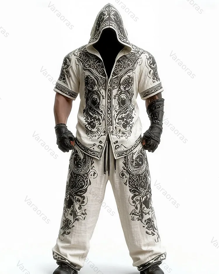 Men's Summer Fashion Viking Print Hooded Short-Sleeve Shirt and Pants Two-Piece Set  5902
