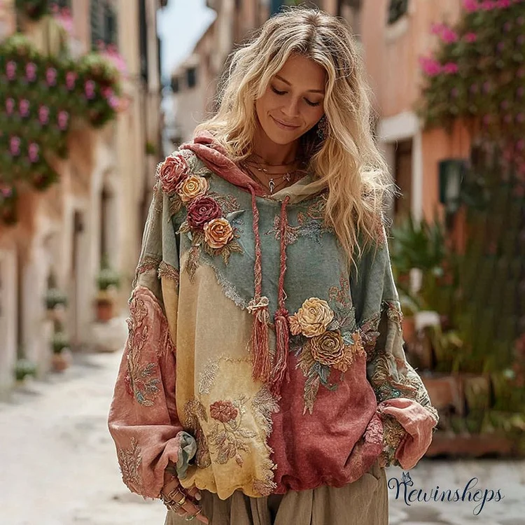 The Ice Cream Collection Women's Classic Bohemian Floral And Rose Gradient Cozy Warm Hoodie