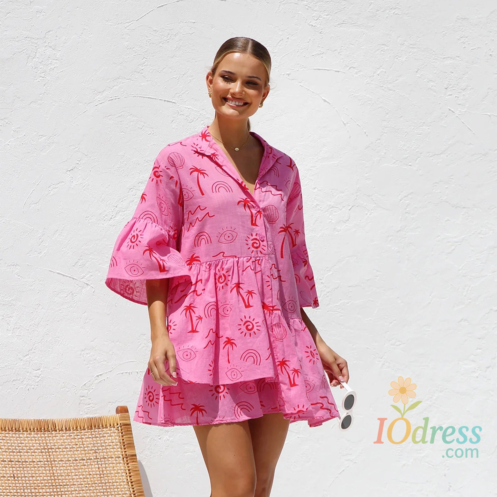 IO Dress 2024 Summer Fashion New Print Elegant Women's Mid Length Sexy Dress Ethnic Style V-neck Pleated Flare Sleeve Dress