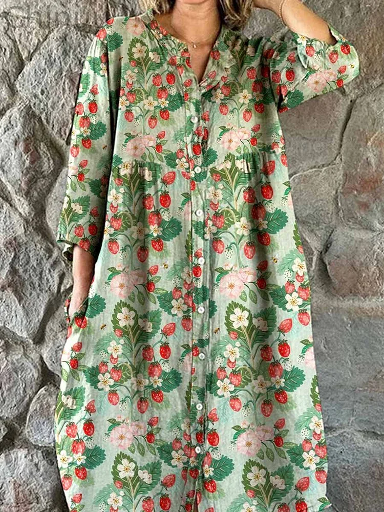 Women's Elegant Floral Strawberry Print Shirt Style Cotton and Linen Dress
