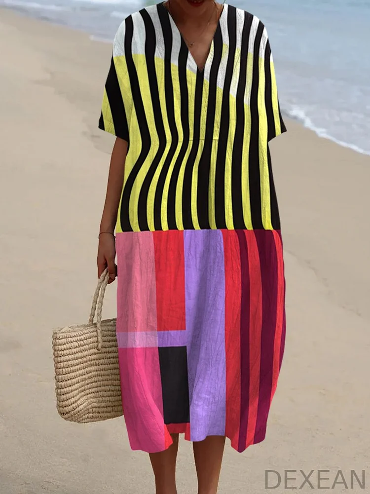 Retro Abstract Color Block Art Print V-Neck Midi Dress