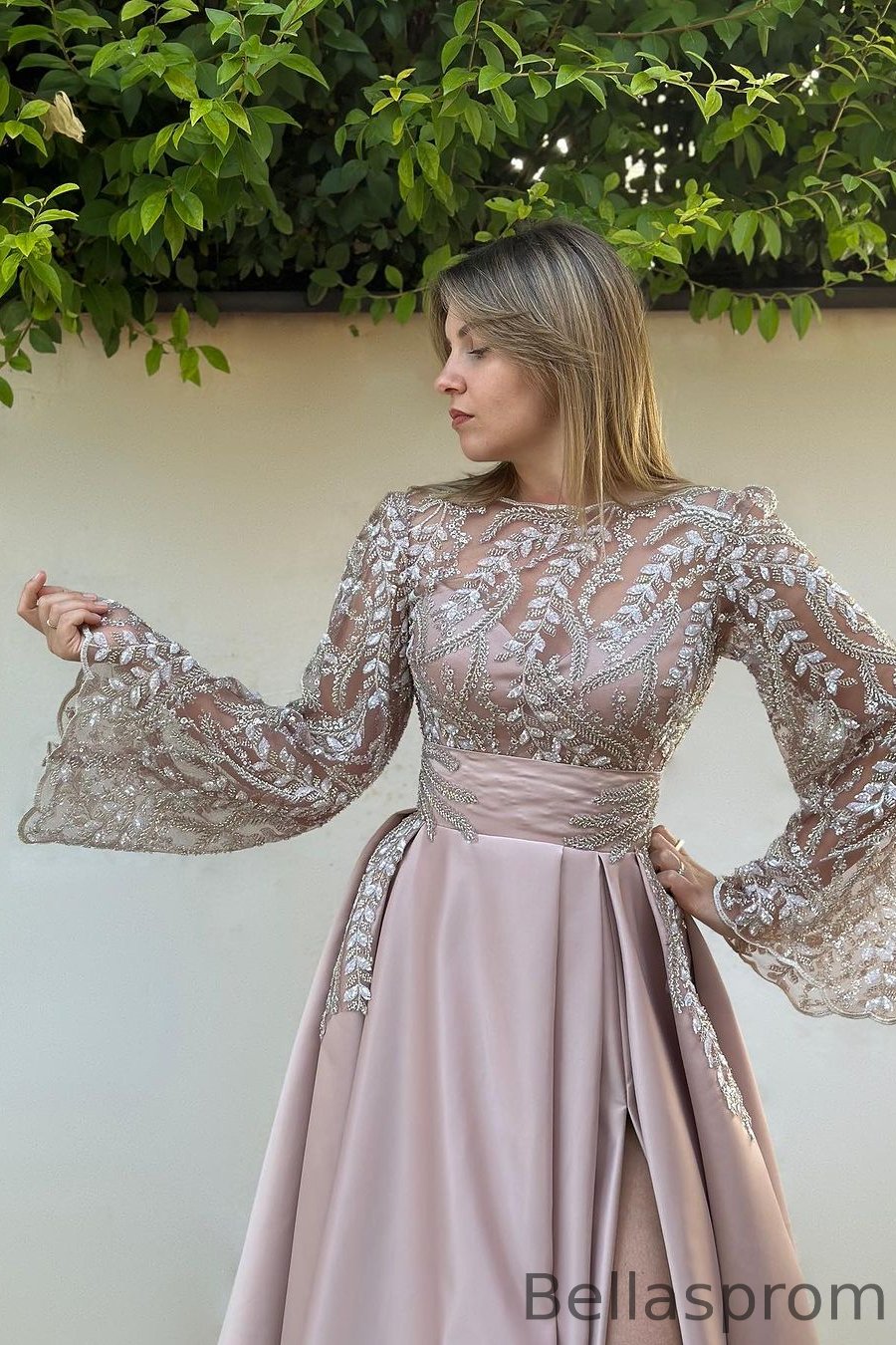 Bellasprom Long Sleeves A-line Evening Dress Long With Appliques Lace Up Bellasprom