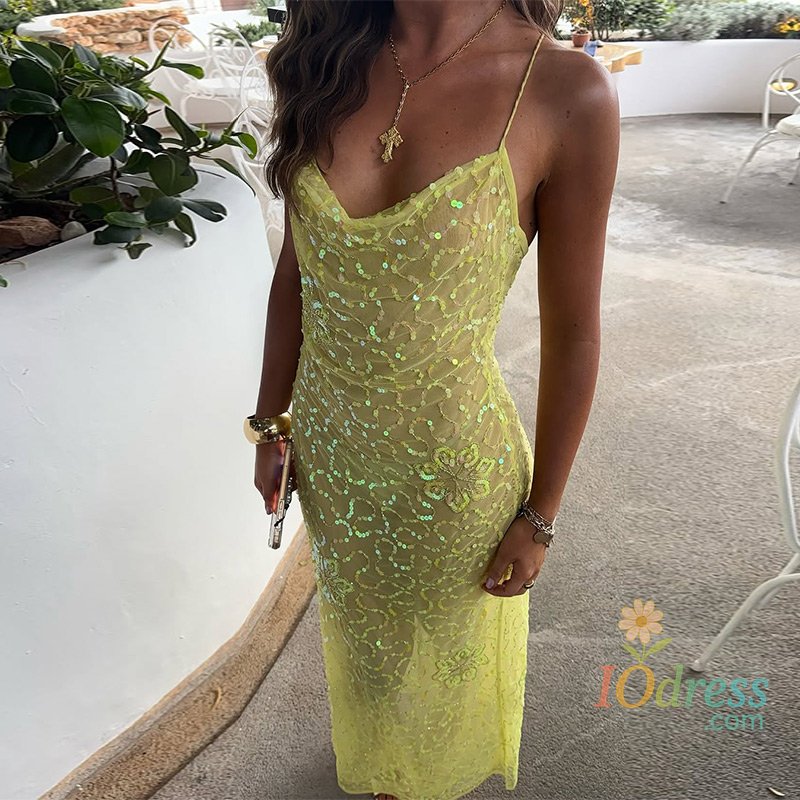 IO Dress Fashion Solid Sequined Slip Long Dress For Women Chic Sleeveless Backless Skinny Maxi Dress Lady 2025 Summer Holiday Party Robe IO Dress