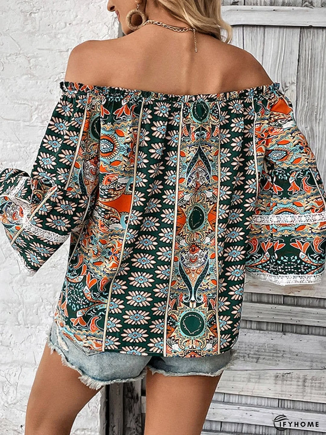 Printed Frill Trim Off-Shoulder Blouse | IFYHOME