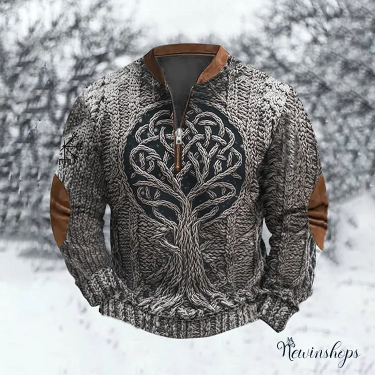 Men's Celtic Viking Tree Of Life Style Jacquard Knit Zip Sweatshirt