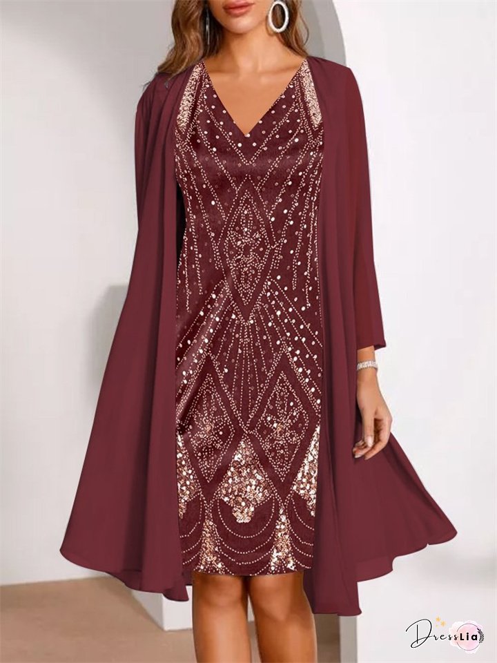 Spring and Autumn Chiffon Two-piece Set 3D Digital Printing Chiffon Shirt Skirt Long Sleeve V-neck Temperament Commuter Casual Suit Dress