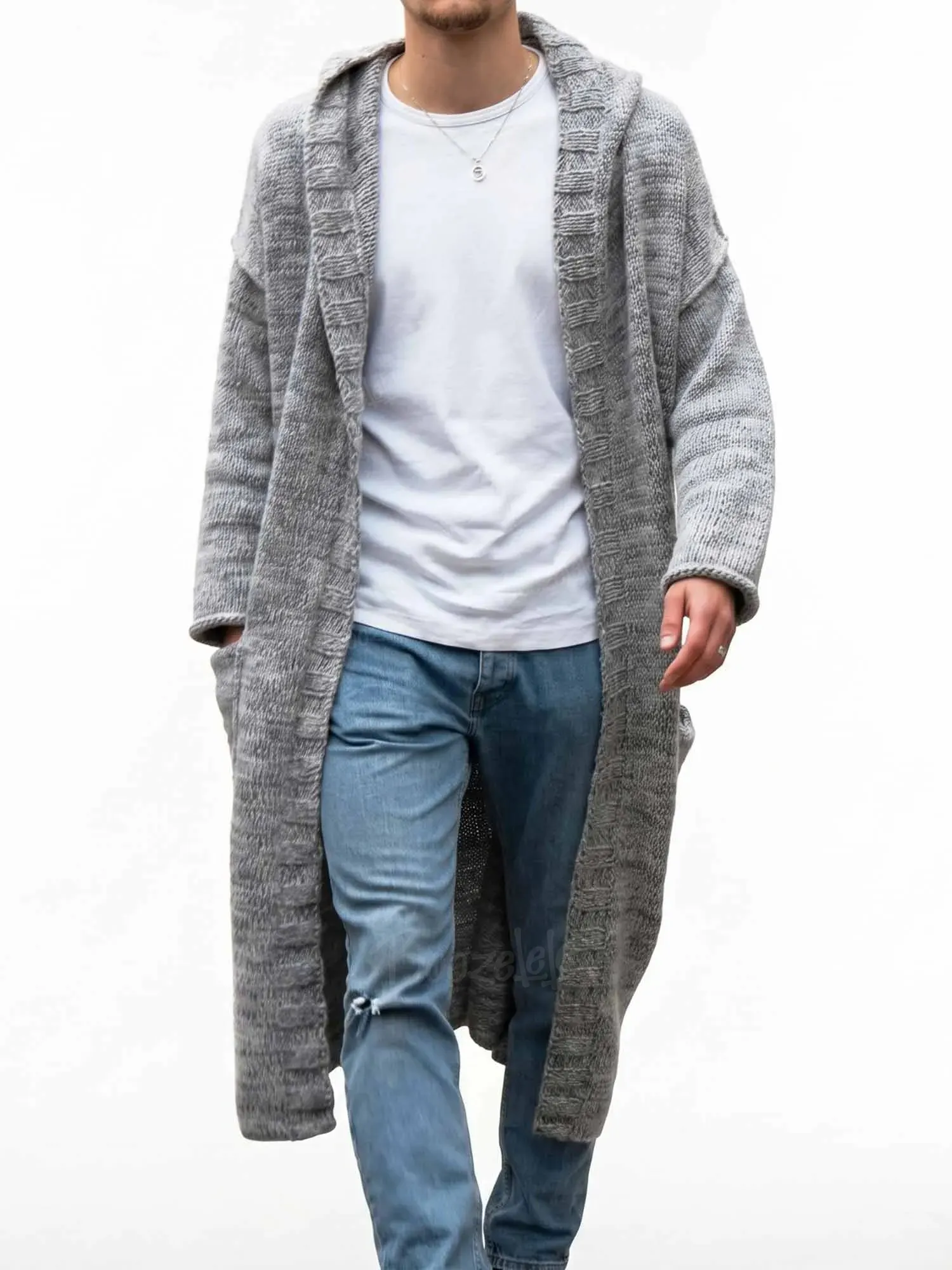 Perfect for Cozy Bonfires & Ranch Evenings &mdash; 2026 Fall Men Heather Grey Hooded Chunky Knit Open Front Long Cardigan Coat