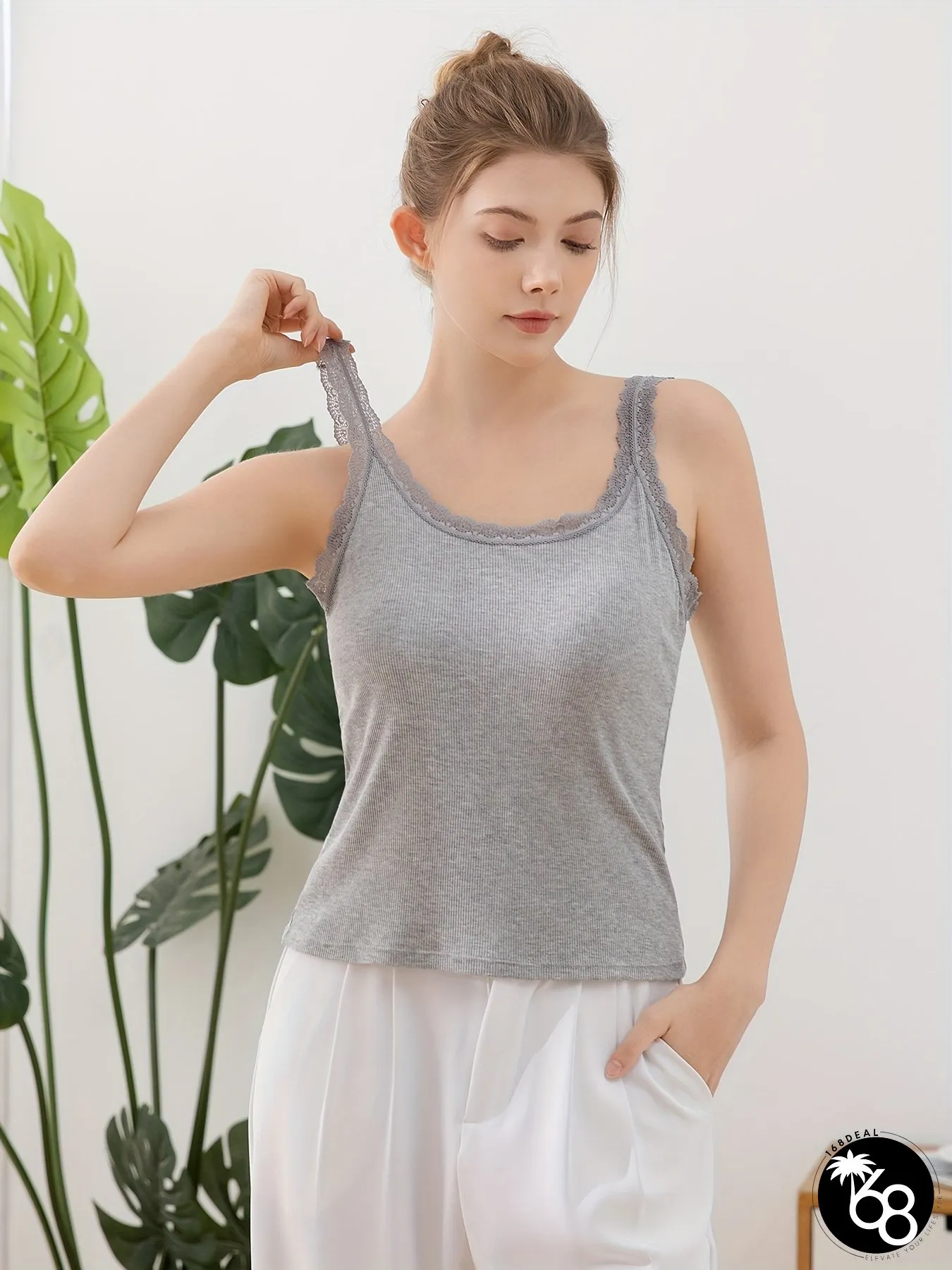 4pcs Summer Threaded Tank Top with Built-in Bra and Pads, Contrast Lace Camisole for Women | 168DEAL