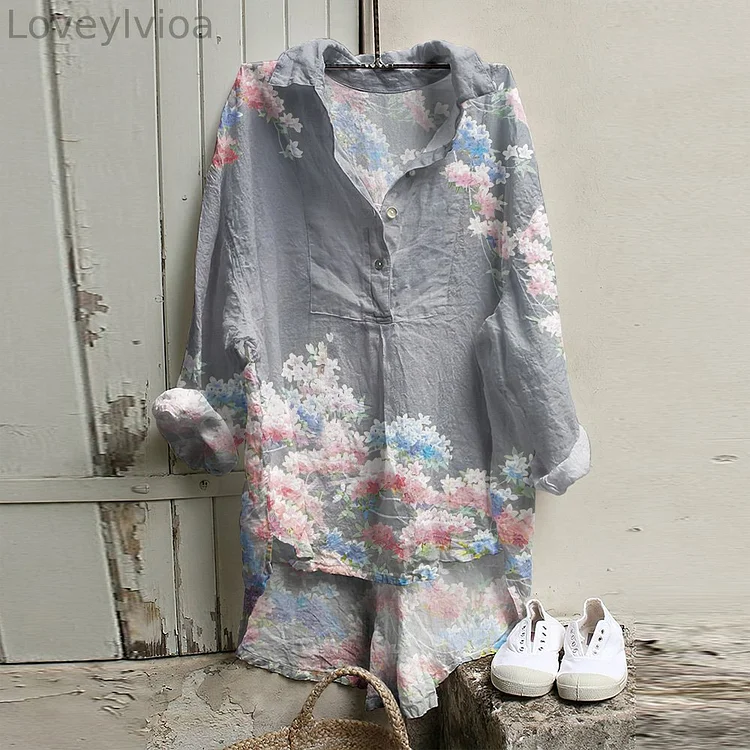 Japanese Art Flower Print Long Sleeve Casual Shirt