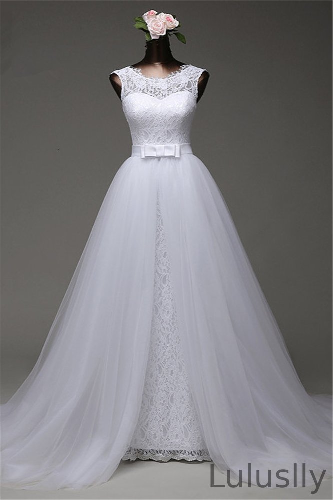 Luluslly Jewel Sleeveless Lace Long Wedding Dresses With Overskirt