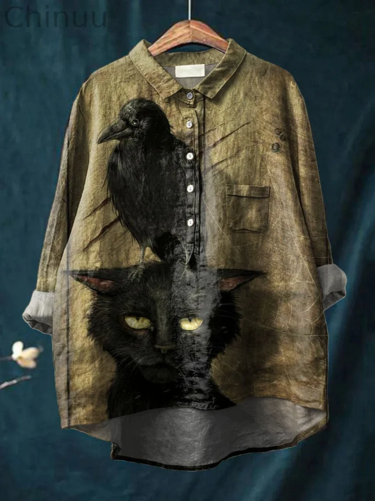 Vintage Lovely Raven Black Cat Art Print Casual Cotton And Linen Shirt