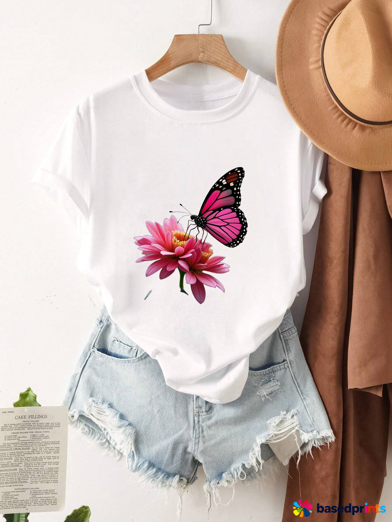 White Butterfly Flower T-Shirt Women Casual Short Sleeve Tops