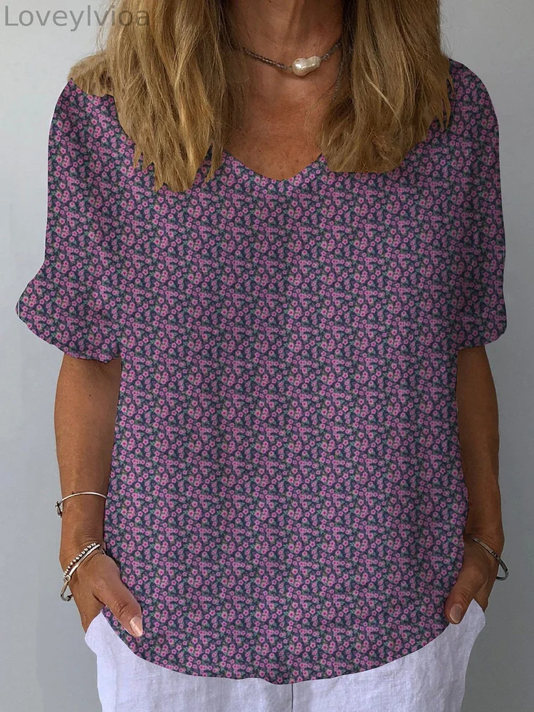 Women's Retro Floral Casual V-Neck Cotton And Linen Top