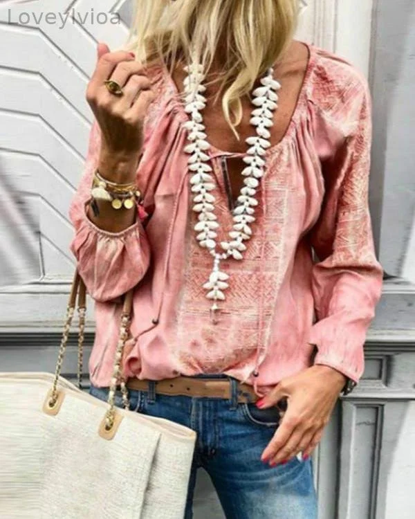 Plus Size Lace Up Fashion V Neck Long Sleeve Blouses