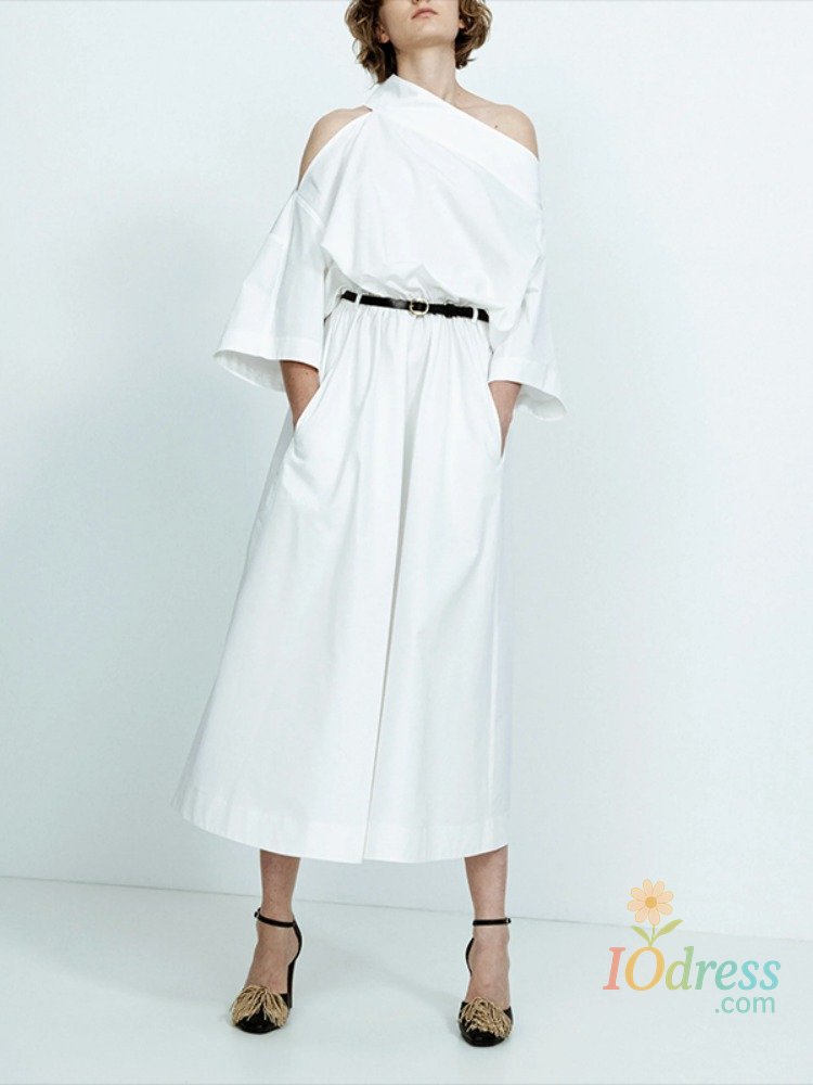 IO Dress Gymystar Casual White Long Dress Women's Office Maxi Dress Cotton Elegant Off-The-Shoulder Asymmetric with Belt Vacation Dresses