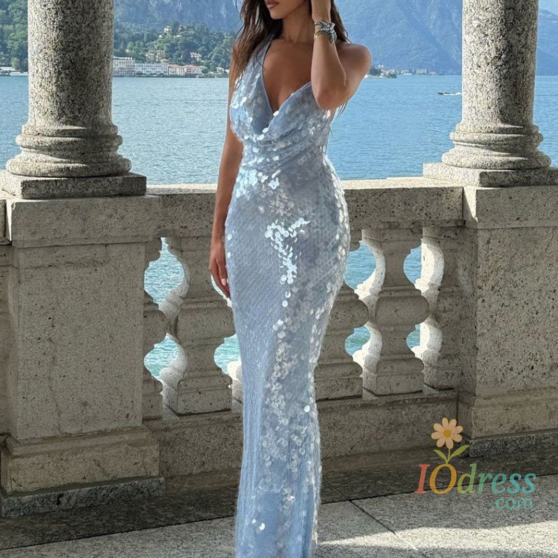 IO Dress Spring Summer Hollow Backless Lace-up Dress Sexy Swinging Camisole Long Maxi Dress Women Chic Glitter Sequin Shiny Evening Dress