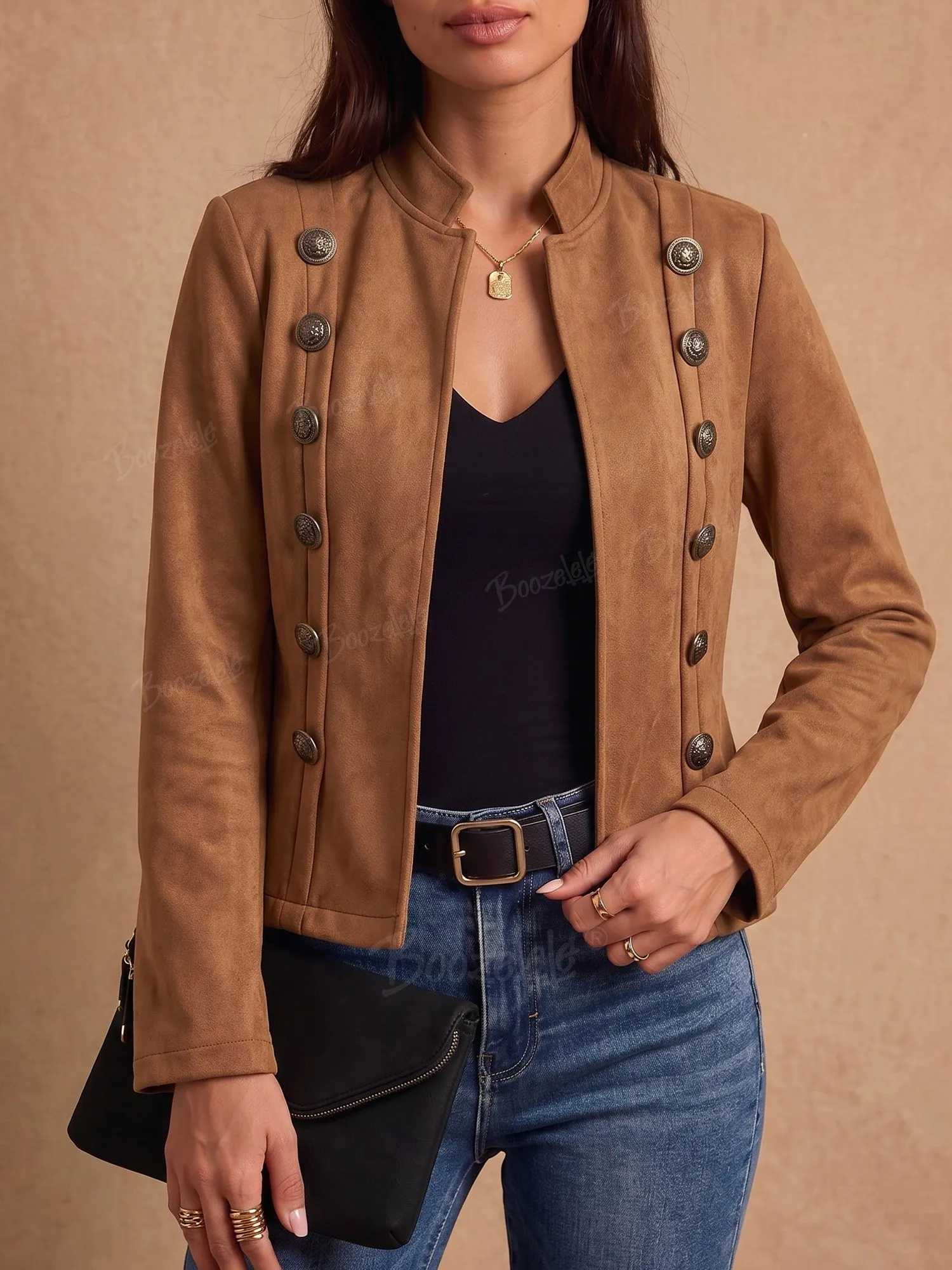 Western Style &mdash; Women's Double-breasted heavy-duty retro embossed metal buckle faux suede fabric jacket