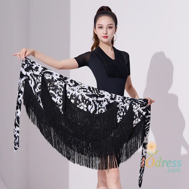 IO Dress Women Latin Dance Dress Training Suit Short Skirt Sexy Tassel Three-Layer Fringe Dance Costume Training Suit Short Skirt Black