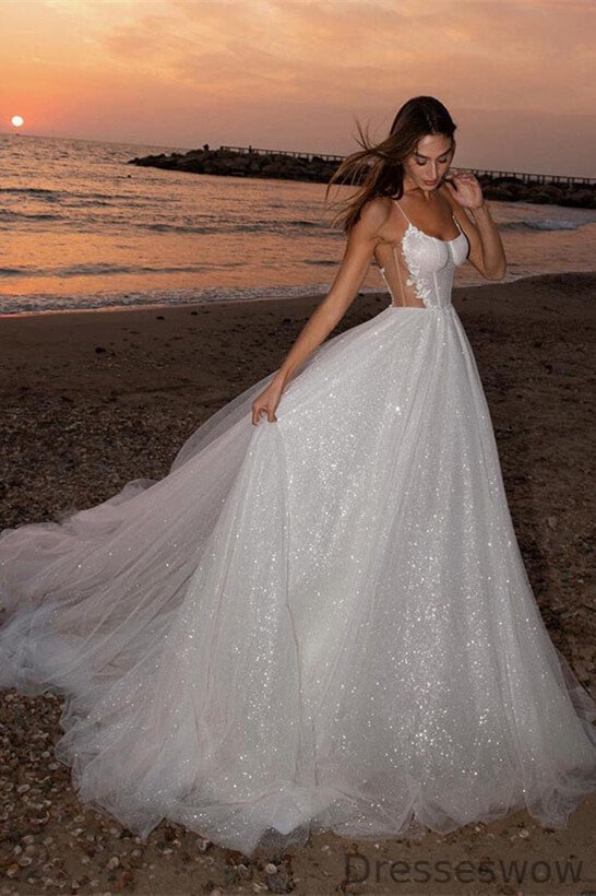 Dresseswow Spaghetti-Straps Sequins Wedding Dress Sweetheart Sleeveless Long