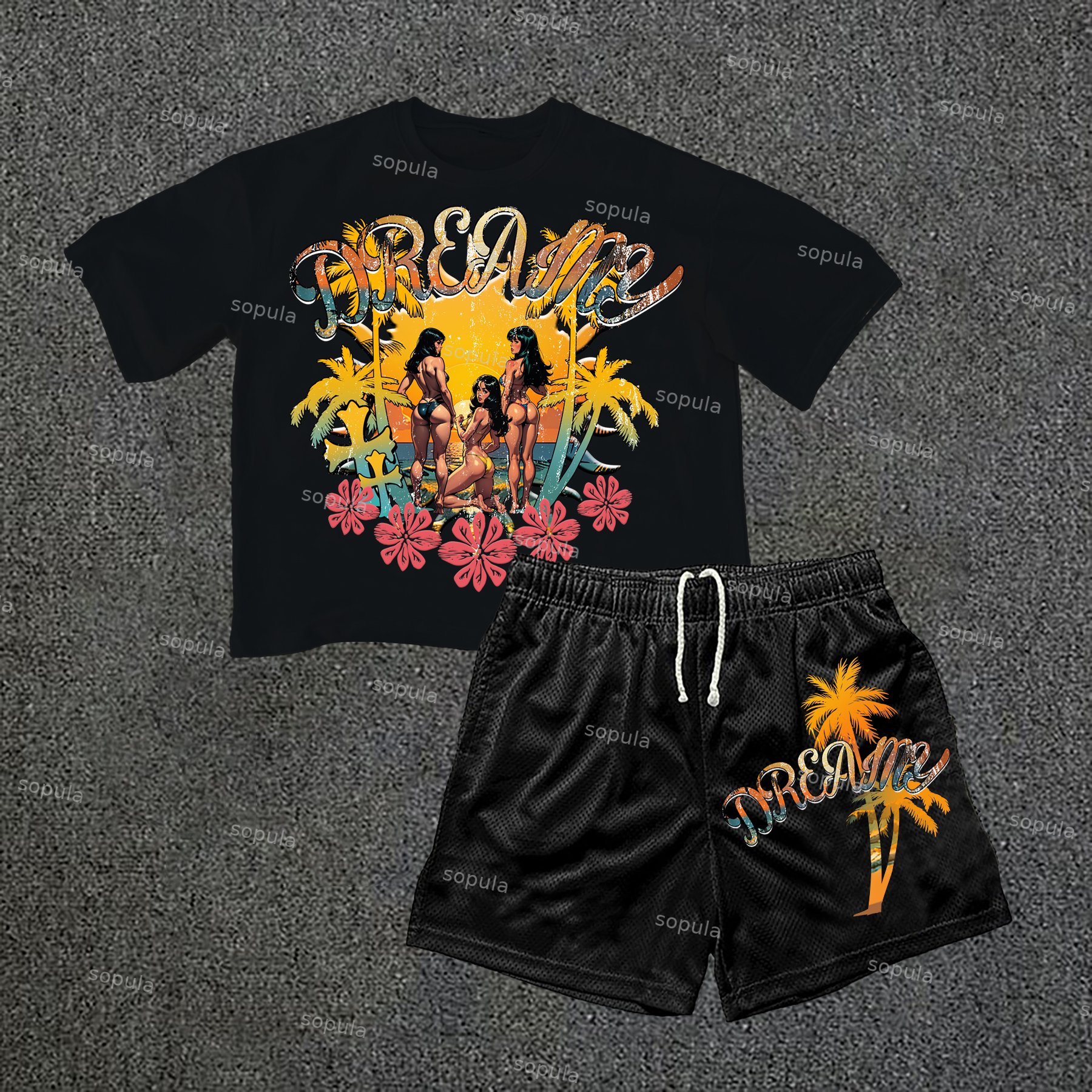 Sopula Vacation Suit Casual Beauty Print Short Sleeve Tee & Shorts Two Piece Set