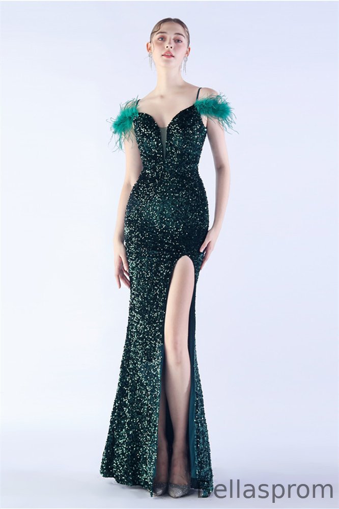 Bellasprom Off-the-Shoulder Sequins Feather Prom Dress Mermaid V-Neck Split Bellasprom