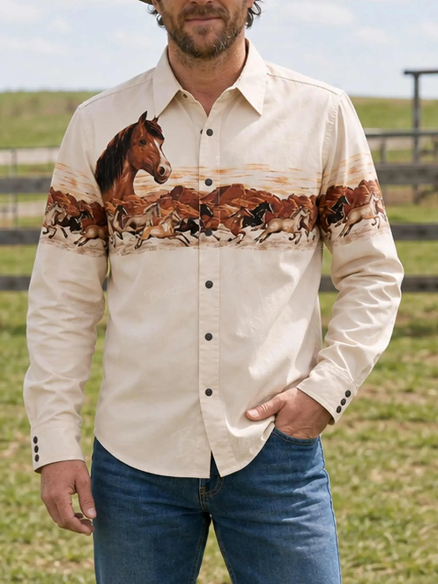The Pattern Of Galloping Horses - 100% Cotton Long Sleeves Shirt