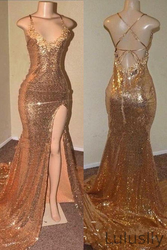 Luluslly Sequins Mermaid V-Neck Prom Dress Mermaid Long With Split