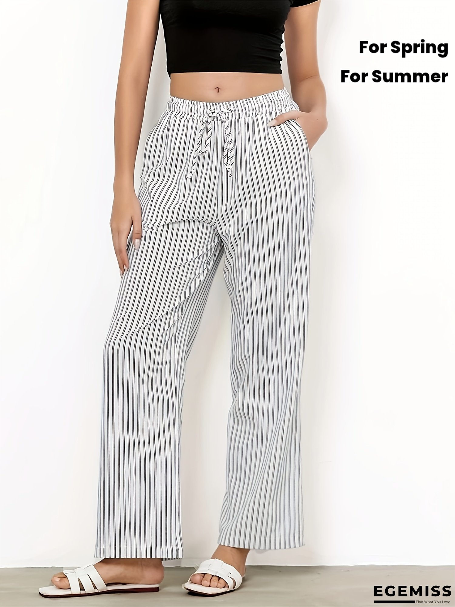 Women&lsquo;s Casual Striped Wide-Leg Pants - Elastic Waist with Drawstring, White & Navy Blue Vertical Stripes, Lightweight Polyester for Spring/Summer/Fall, Allseason Pants | Relaxed Fit Pants | Polyester Fabric | EGEMISS