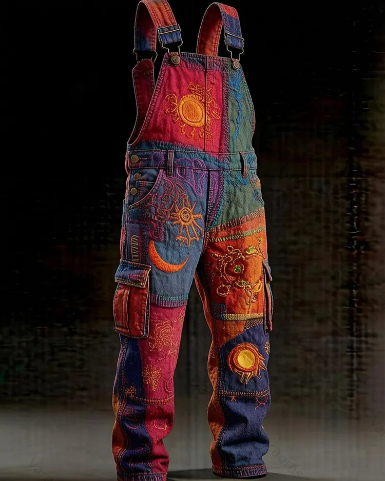 Men's Summer Outdoor Fashion Star Embroidery Color Block Overalls  7274