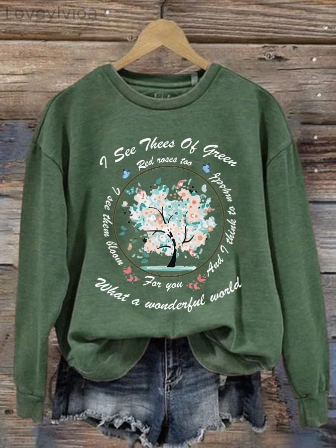 Women's Hippie What A Wonderful World Print Crew Neck Sweatshirt