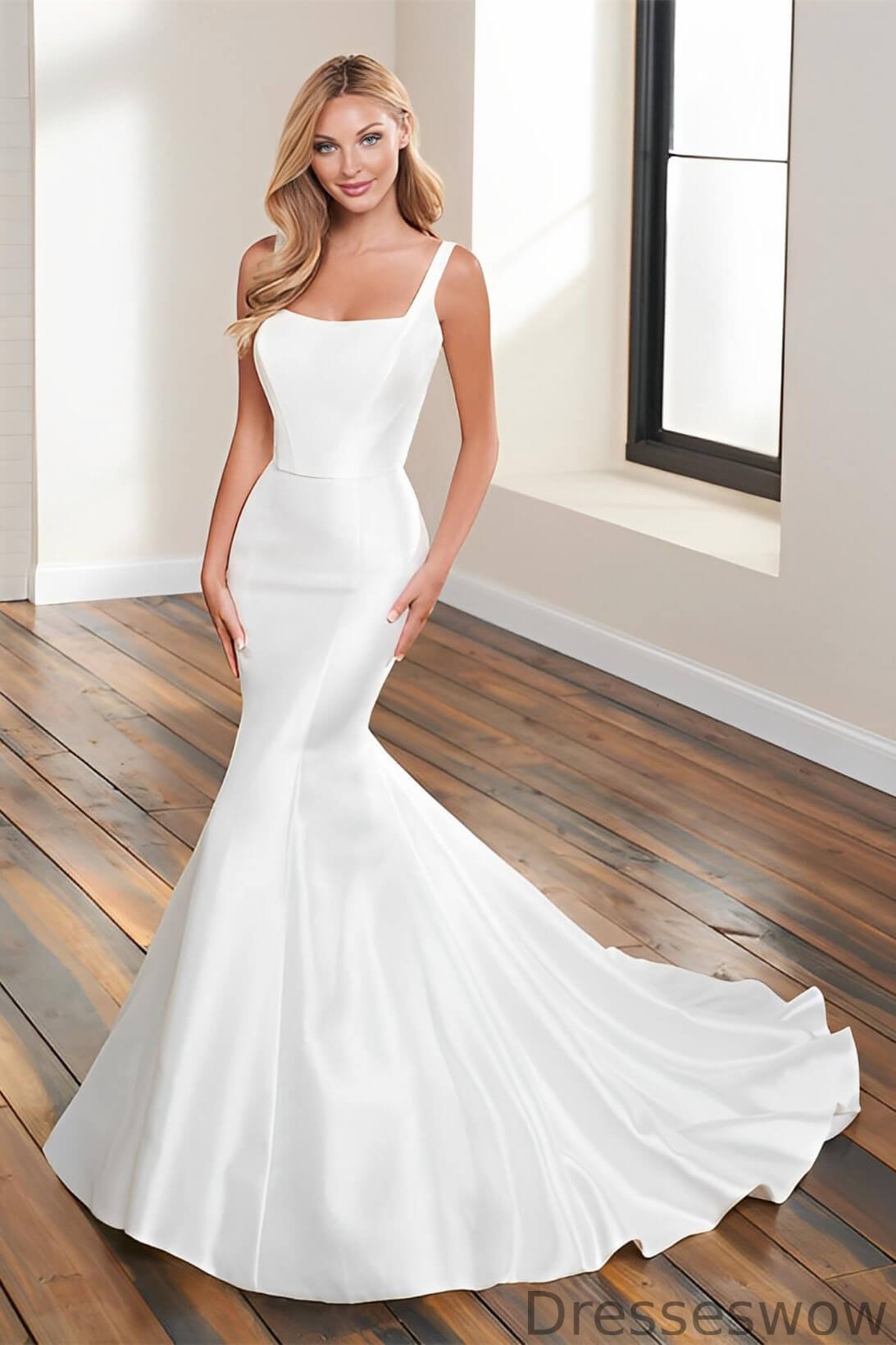 Dresseswow Square Sleeveless Mermaid Wedding Dress Satin Lace Back