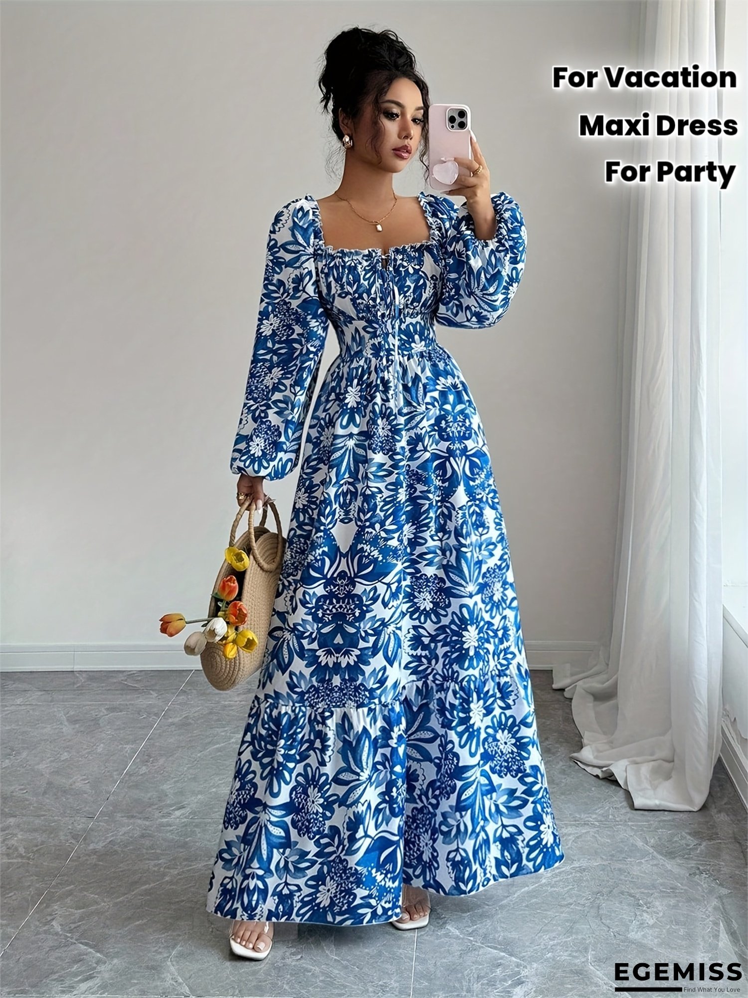 Women's Elegant Floral print Maxi dress - Long Sleeve A-Line Formal & casual dress, Machine Washable Party, Wedding, Vacation Outfit - Flattering Fit for Women | EGEMISS