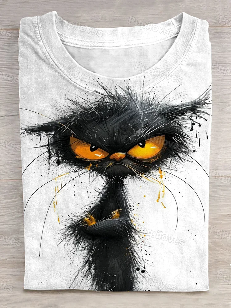 Pupiloves Pupiloves  Fun Cute Cat Art Print Casual T-Shirt
