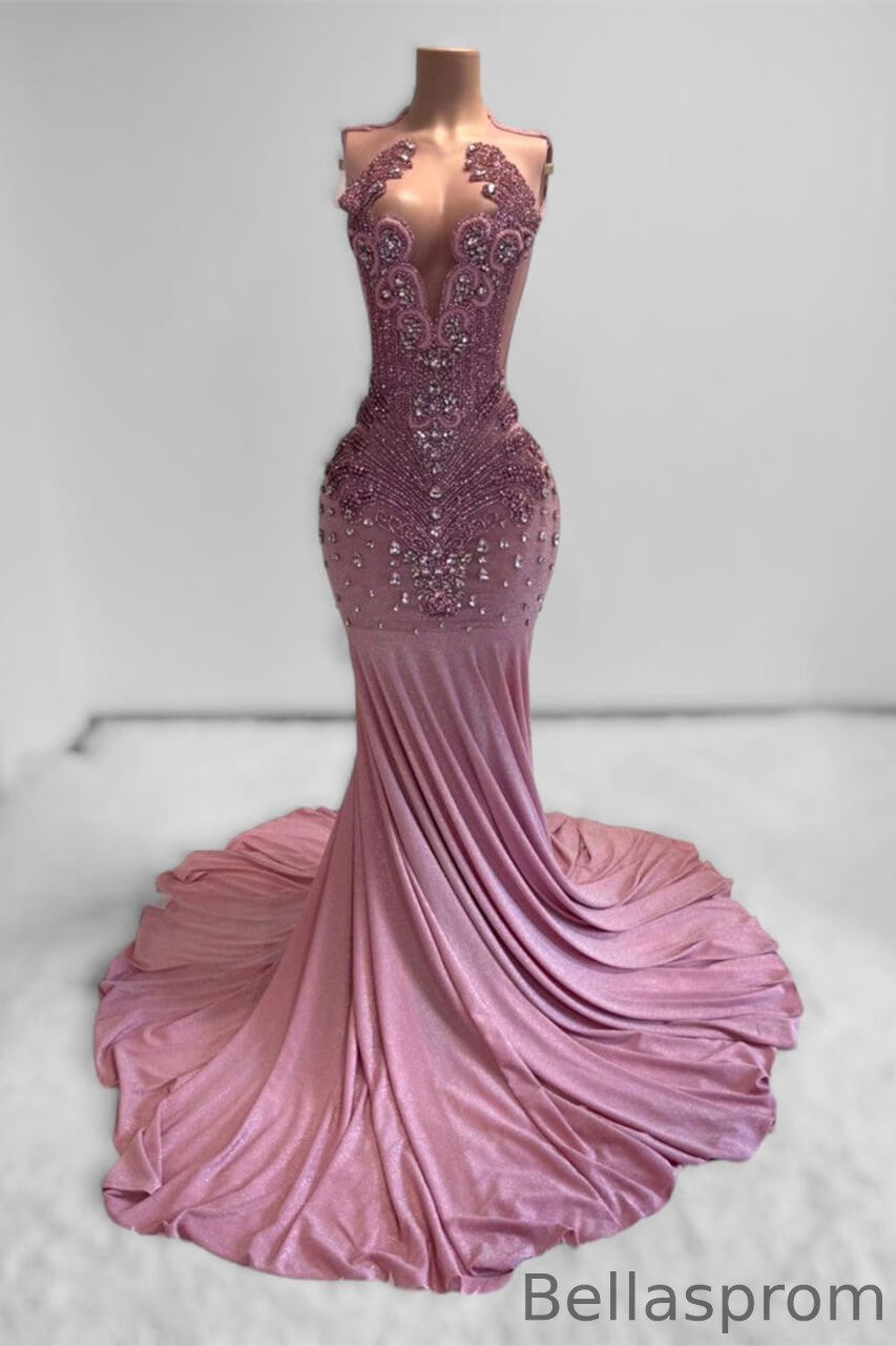 Bellasprom Dusty Pink Scoop Sleeveless Mermaid Prom Dress With Beadings Crystals Bellasprom