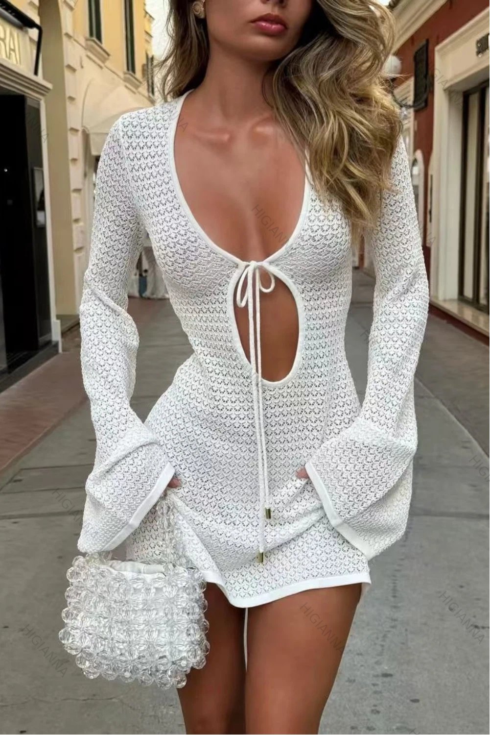 Knit Lace-Up Cutout Bell-Sleeve Mini Dress - HIGIANNA&reg;