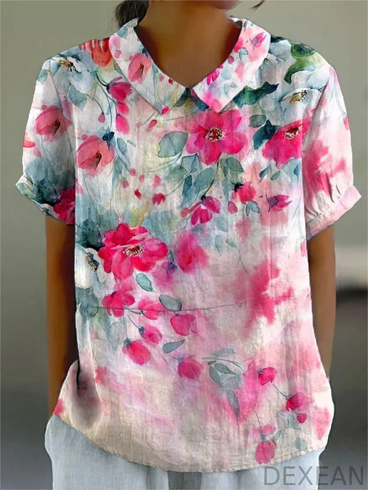 Women's Vintage Flower Print Casual Cotton And Linen Shirt