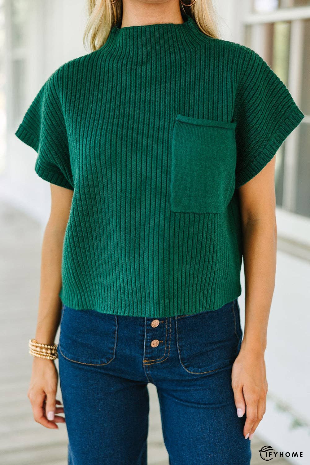 Oatmeal Patch Pocket Ribbed Knit Short Sleeve Sweater | IFYHOME