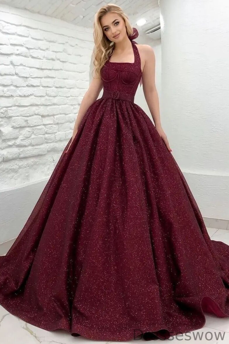 Dresseswow Halter Burgundy Shiny Princess Evening Dress Sleeveless Backless