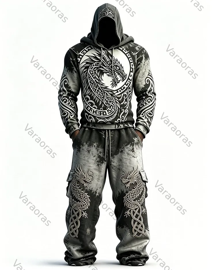 Men's Fashion Viking Contrast Color Dragon Embroidered Hoodie & Pants Two-Piece Set 5135