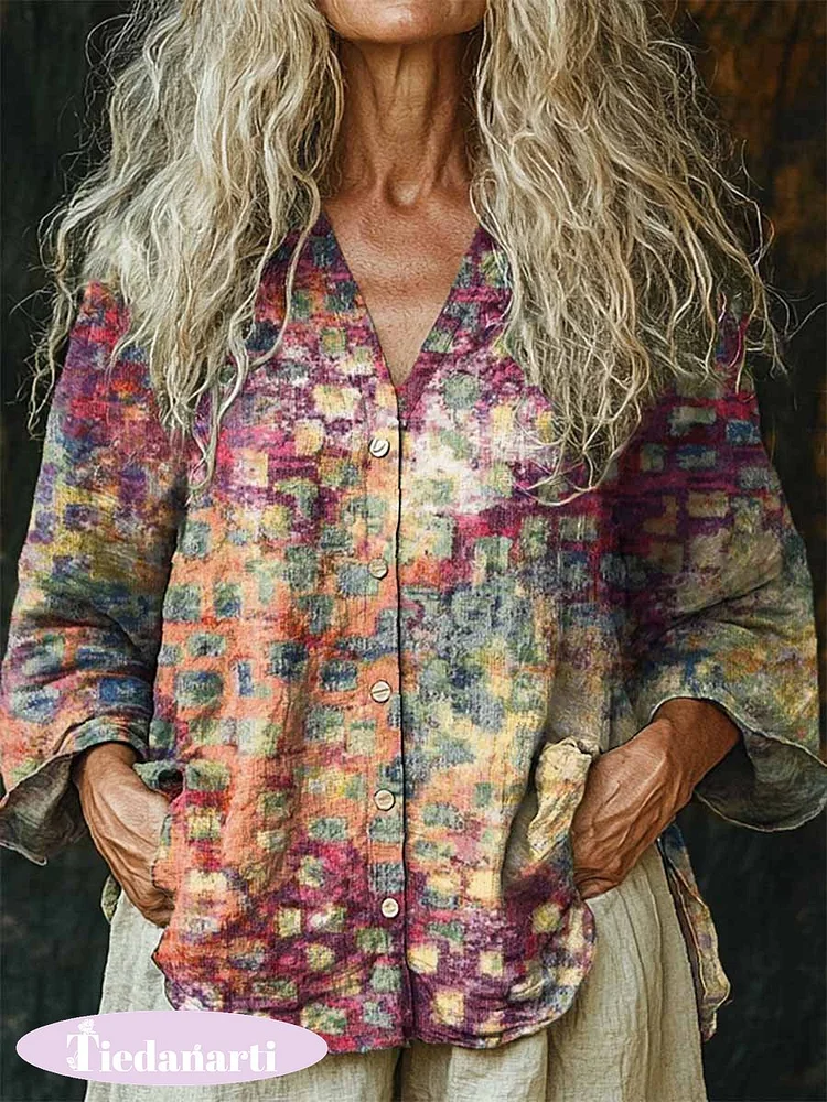 Women's Vintage Abstract Art Print Linen And Cotton V-neck Casual Shirt