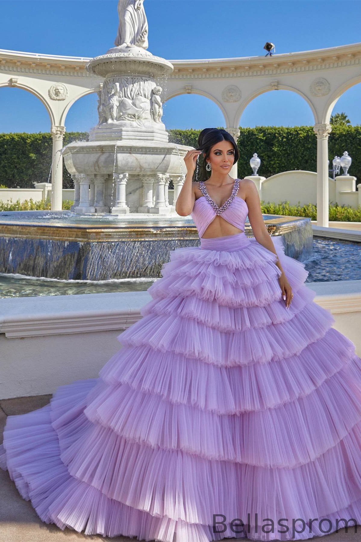 Bellasprom Lilac Tulle Layered Prom Dress Ball Gown Sleeveless With Crystal Bellasprom