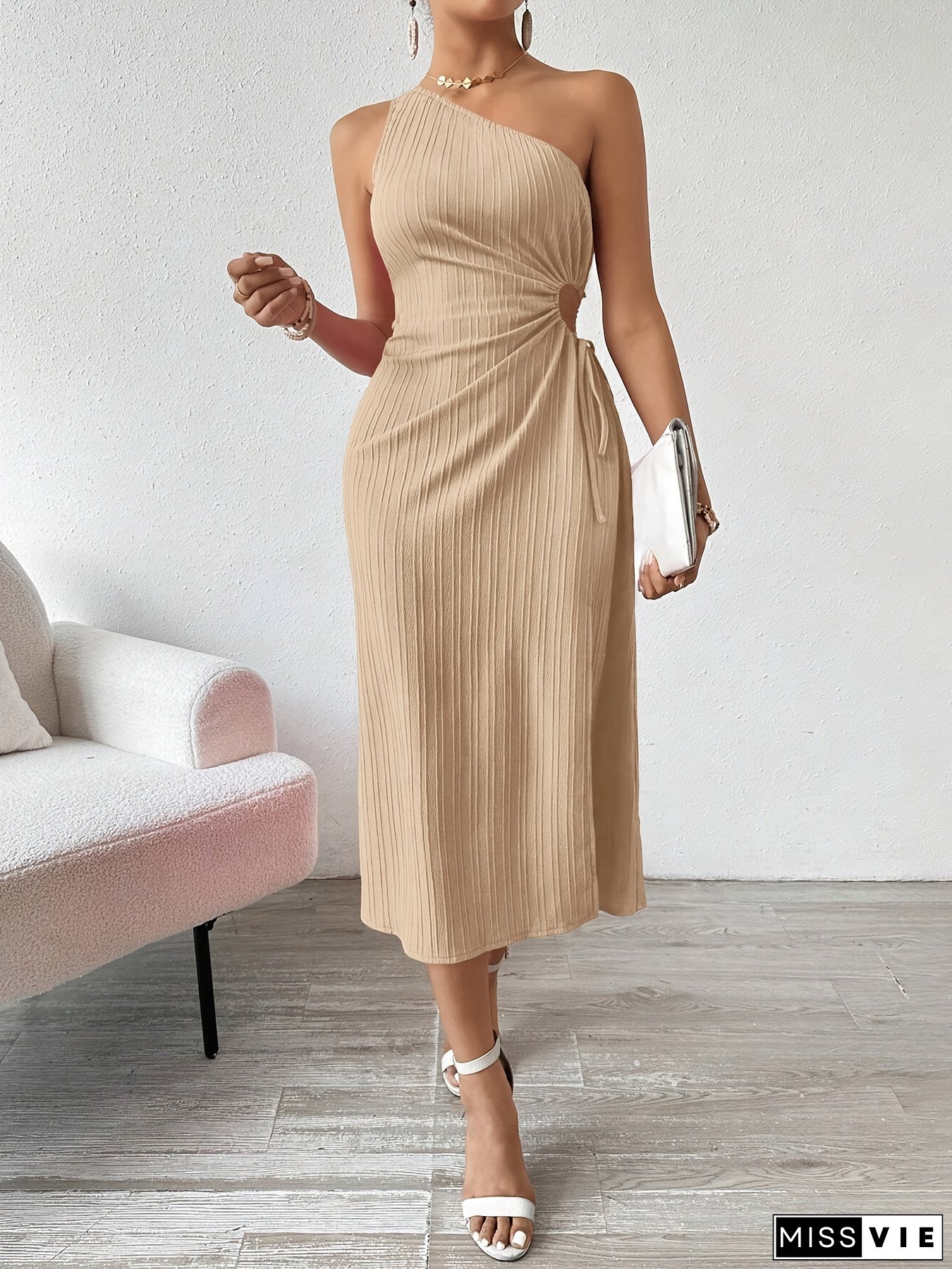 Elegant One-Shoulder Ribbed Midi Dress For Women - Sleeveless, Beige Striped Texture, Side Slit, Machine Washable, Polyester Blend, Perfect For Casual Or Formal Occasions