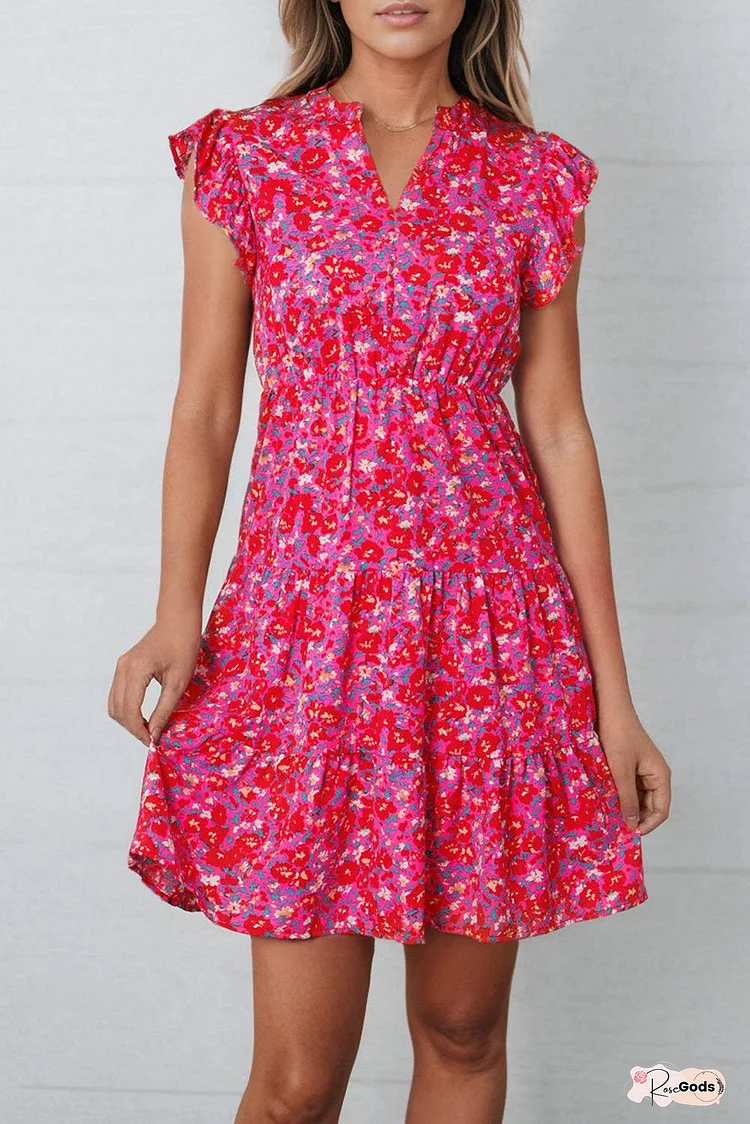 Floral Print Notched Neck Cap Sleeve Mini Dress