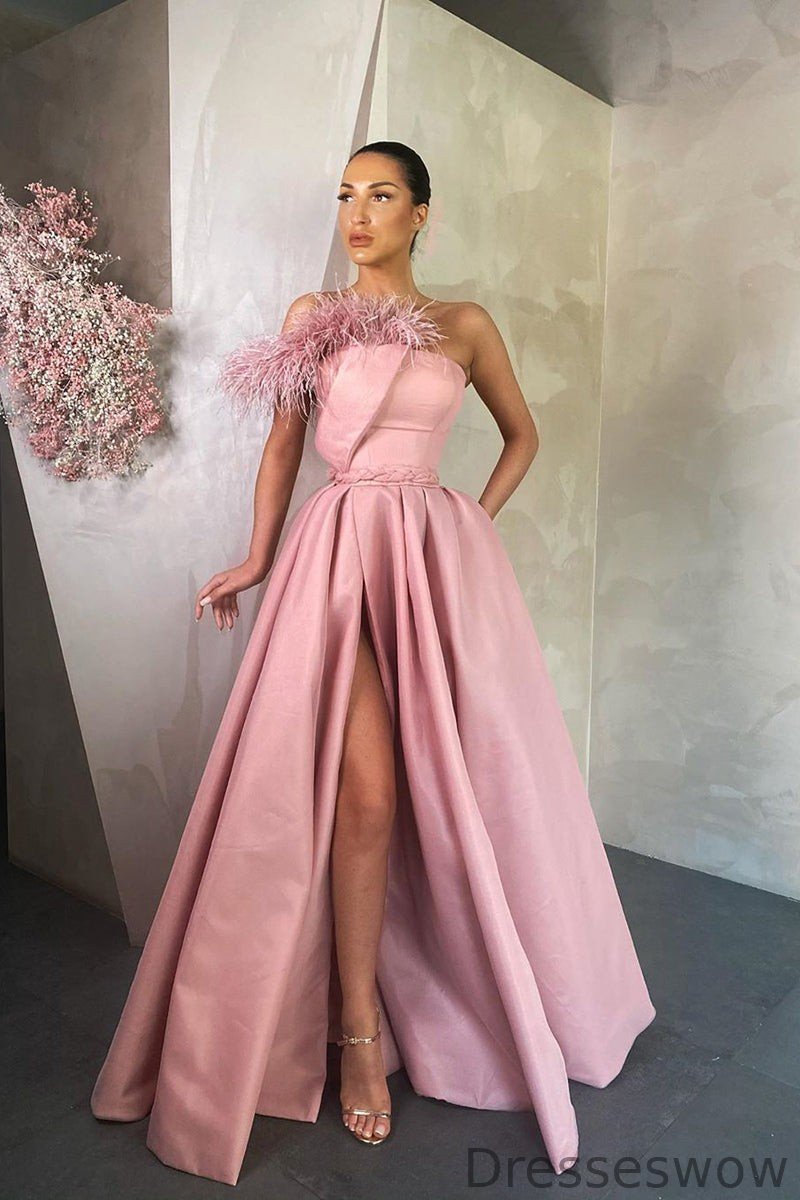 Dresseswow Strapless Long Prom Dress Front Slit Sleeveless With Feather