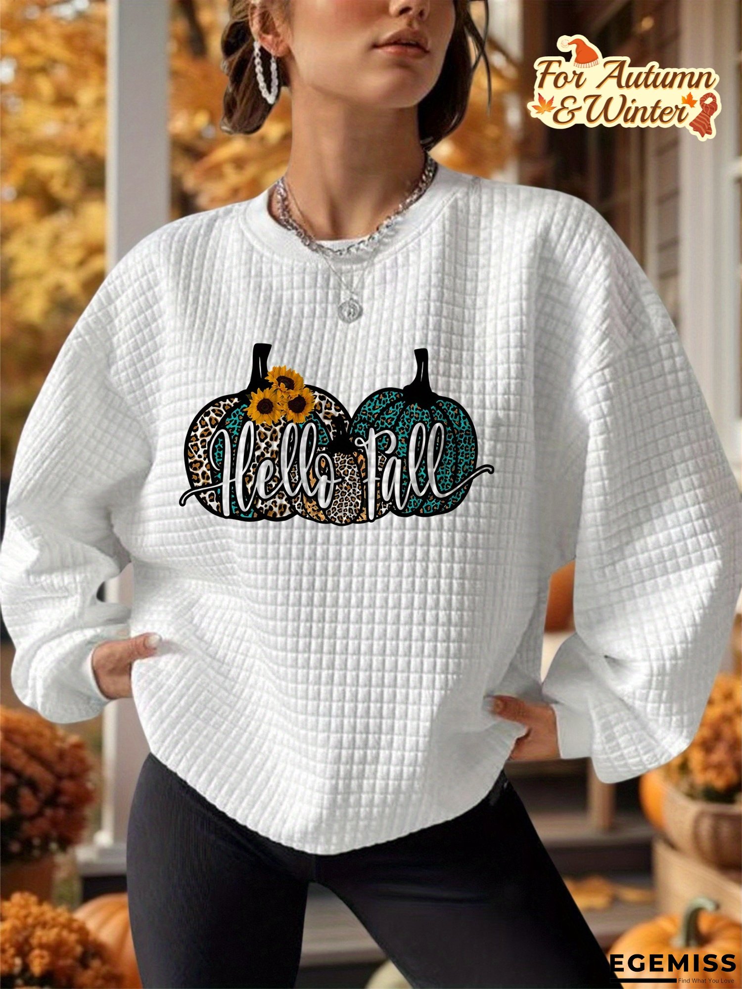 Women's Hello Fall Pumpkin Print Waffle Sweatshirt - Cozy Round Neck Pullover with Leopard & Plaid Accents, Machine Washable Autumn Winter Casual Top | EGEMISS