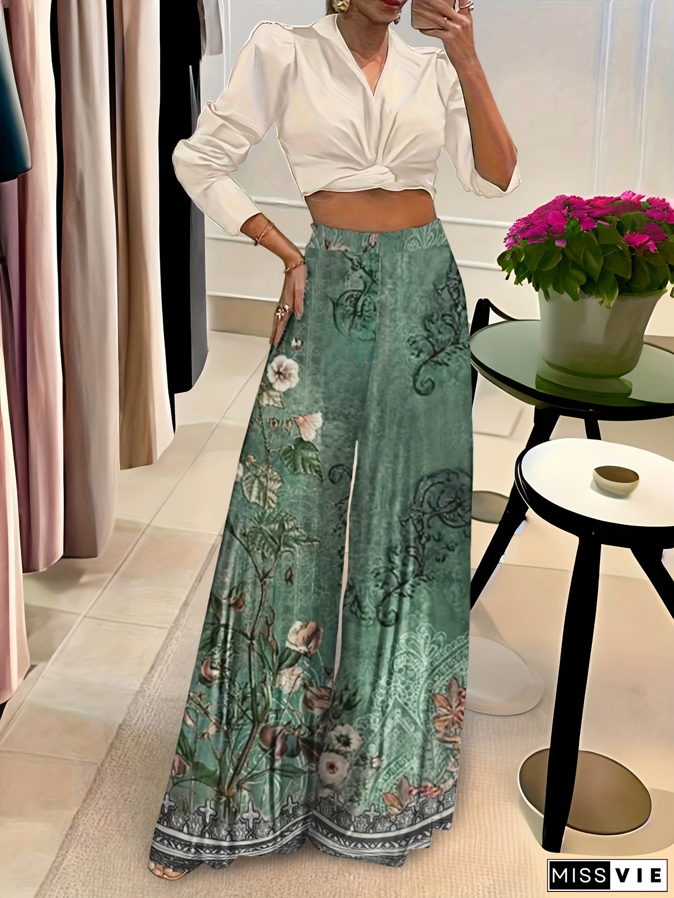 [Elegant Floral Pants] Elegant Floral Print Women's Wide Leg Pants | Polyester Woven Fabric, 1.2 oz/m&sup2;, All-Season Versatile Trousers for Adult