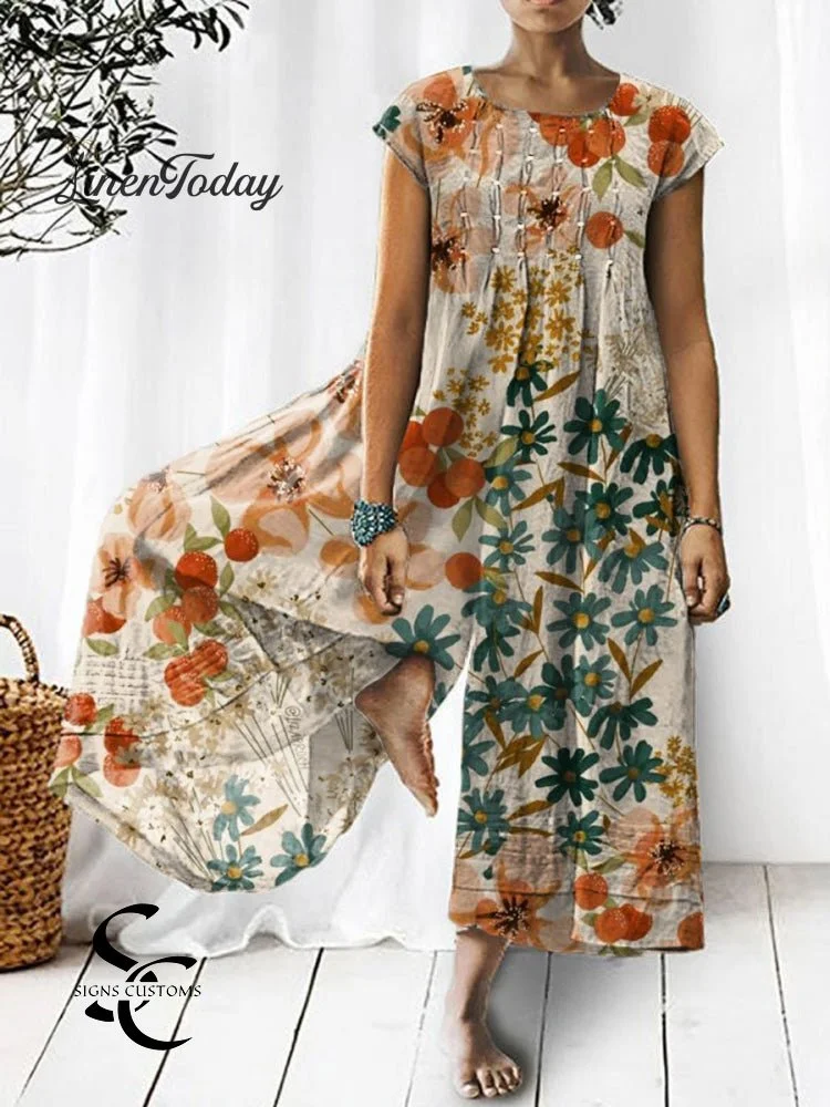 Women's Retro Floral Art Print Casual Denim Jumpsuit