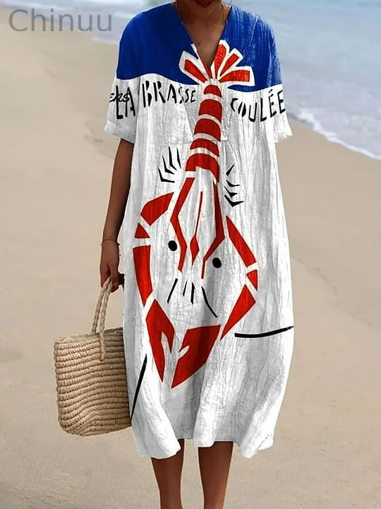 Women's Vintage Lobster Art Print Flowy Dress