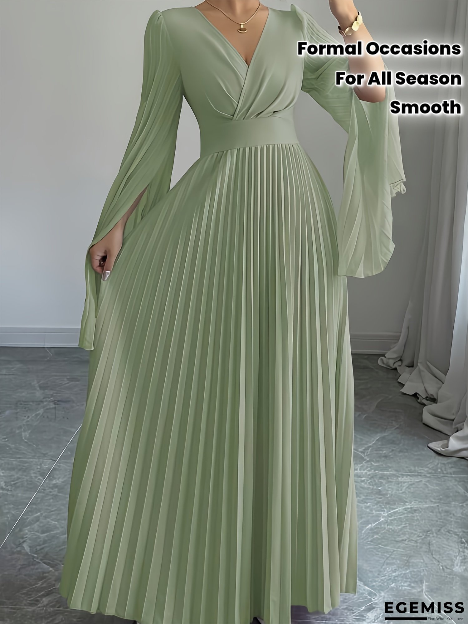 Women's Elegant Mint Green Maxi Dress with V-Neck & Puffed Sleeves - A-Line Silhouette, Asymmetrical Hem, Smooth Texture, Machine Washable - Casual to Formal Occasions, Wrinkle-Resistant Fabric (Casual, Party | EGEMISS