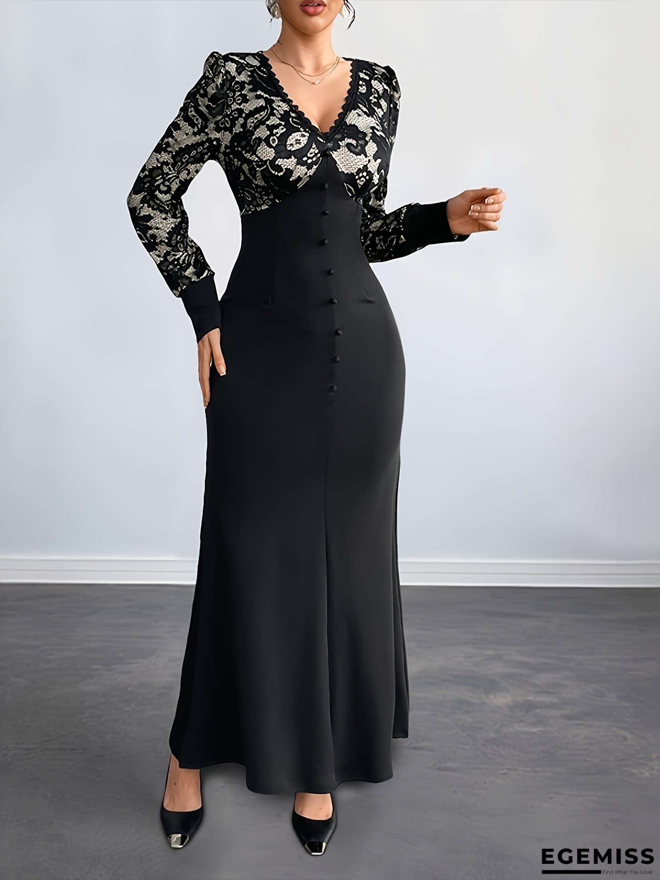 Elegant Retro V-Neck Floral Print Long Sleeve Dress - Black & White Contrast, Flared Hem, Button Detail, Perfect for Evening and Date Nights, Formal Attire | Floral Print Dress | Lace Detailing, Floral Print Dress | EGEMISS